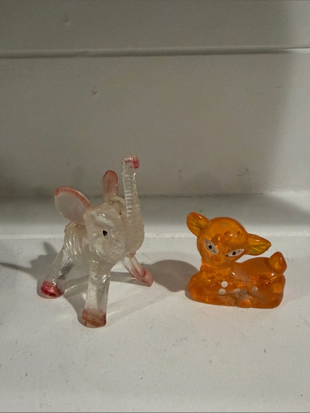 Clear Vintage Lucite Pink-Accent Elephant & Orange Deer Mini Figurine Set